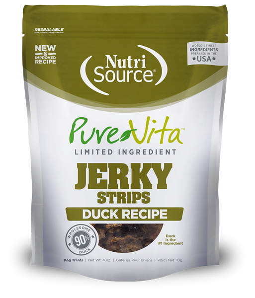 NutriSource PureVita Jerky Strips Duck Recipe Dog Treats 4 oz