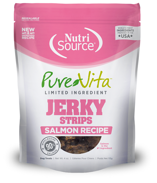 NutriSource PureVita Jerky Strips Salmon Recipe Dog Treats 4 oz